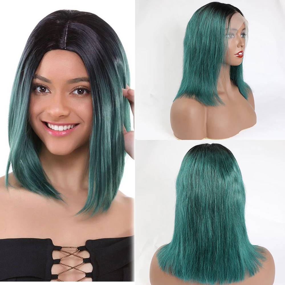 Omre зеленый Боб Синтетические волосы на кружеве человеческих волос парики