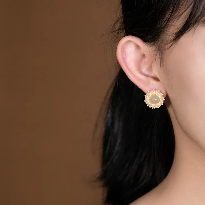 

V.YA Nature Hetian Jade Stud Earrings for Women Pearls Flower Earrings Solid 925 Silver Fine Jewelry Jasper Random Color