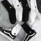Осень-зима 2020, черные и белые носки, женские носки с изображением Луны, звезд, цветов