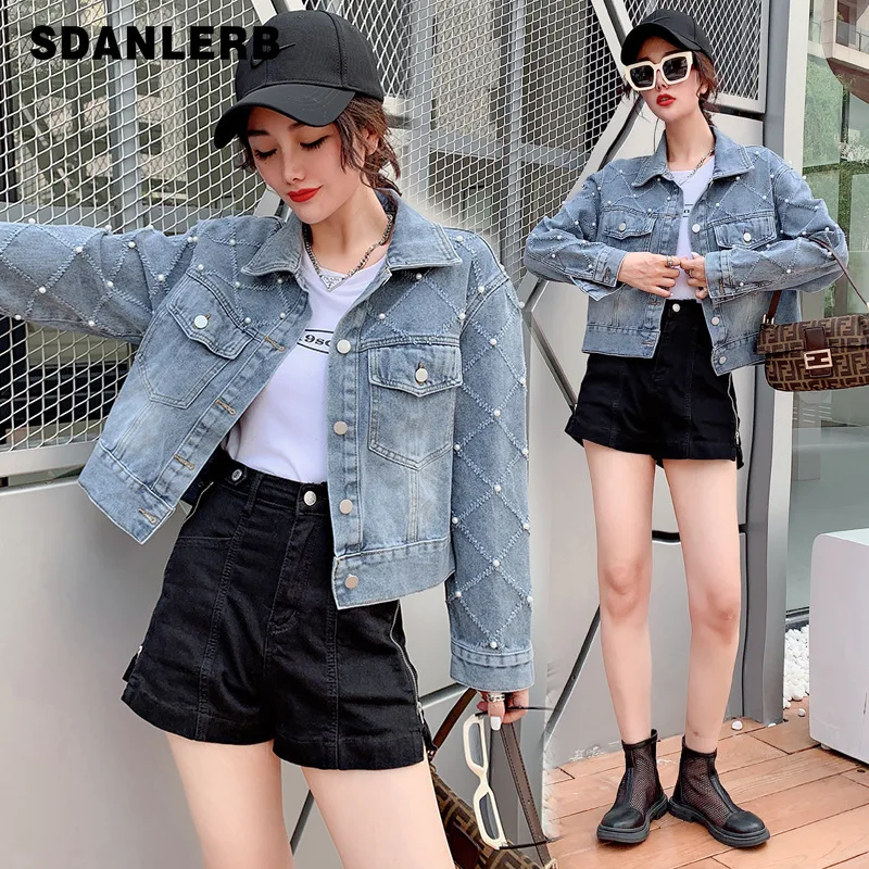 

Осень 2021, новинка, свободная джинсовая куртка Стразы с бусинами в Корейском стиле, женское универсальное повседневное пальто с длинным рука...