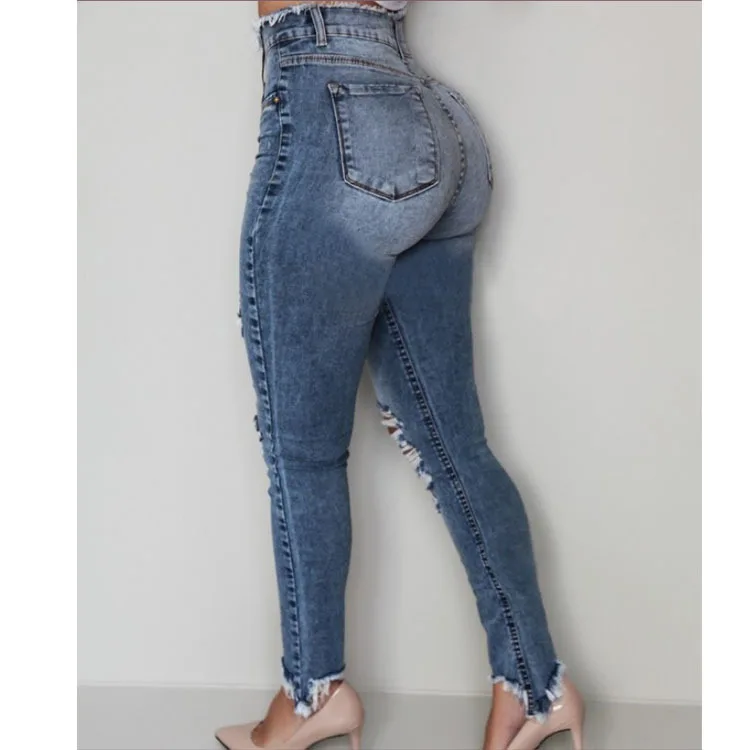 

Mandylandy Women's Fashion Hole Jeans Autumn Casual High Waist Ripped Tassel Denim Pencil Pants