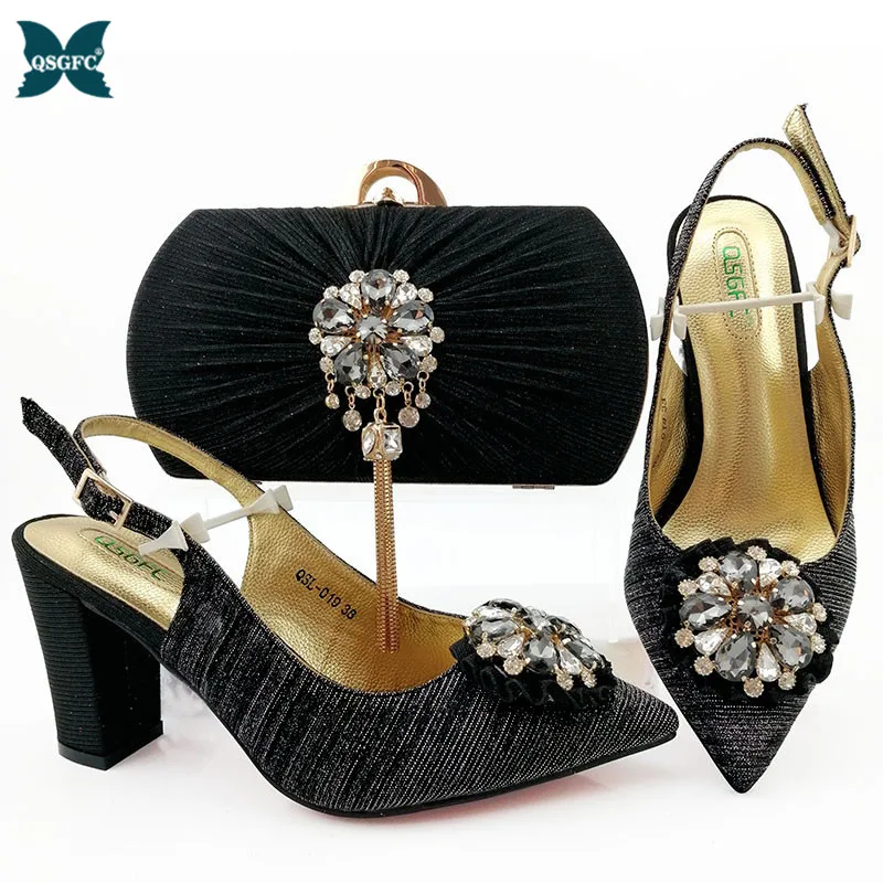 

2021 Lastest Hot Selling Italian Design Nigerian Fashion Black Color Party Women Shoes and Bag Set Decorated With Rhinestone