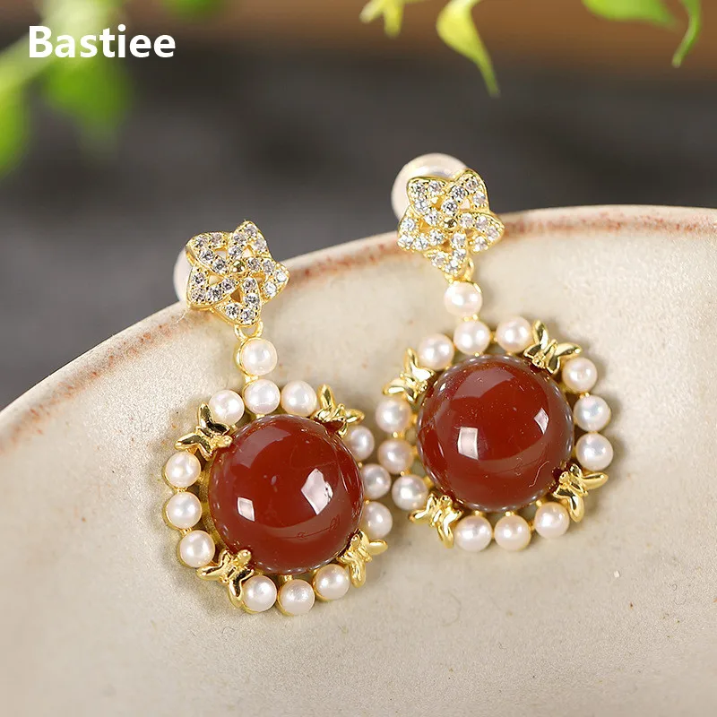 Bastiee Red Agate Stud Drop Earrings 925 Sterling Silver Jewelry For Women Earings Round Pearl Zircon Gold Plated Jewelery