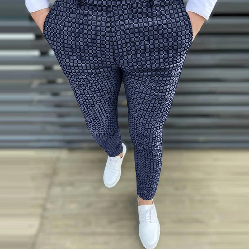 Брюки мужские повседневные облегающие модные клетчатые длинные штаны с принтом