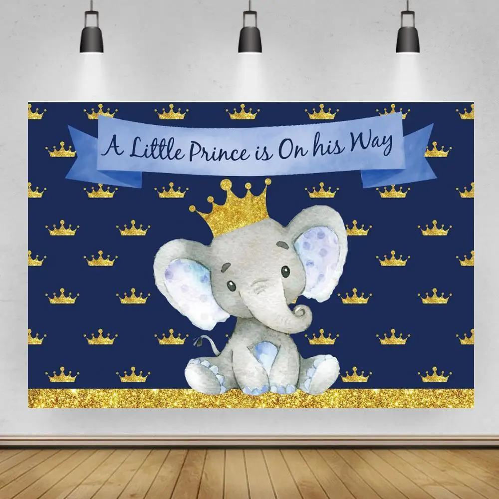 

Boy Elephant Backdrop Golden Crown Royal Blue Newborn Backdrop Little Prince Baby Shower Birthday Party Decoration Banner