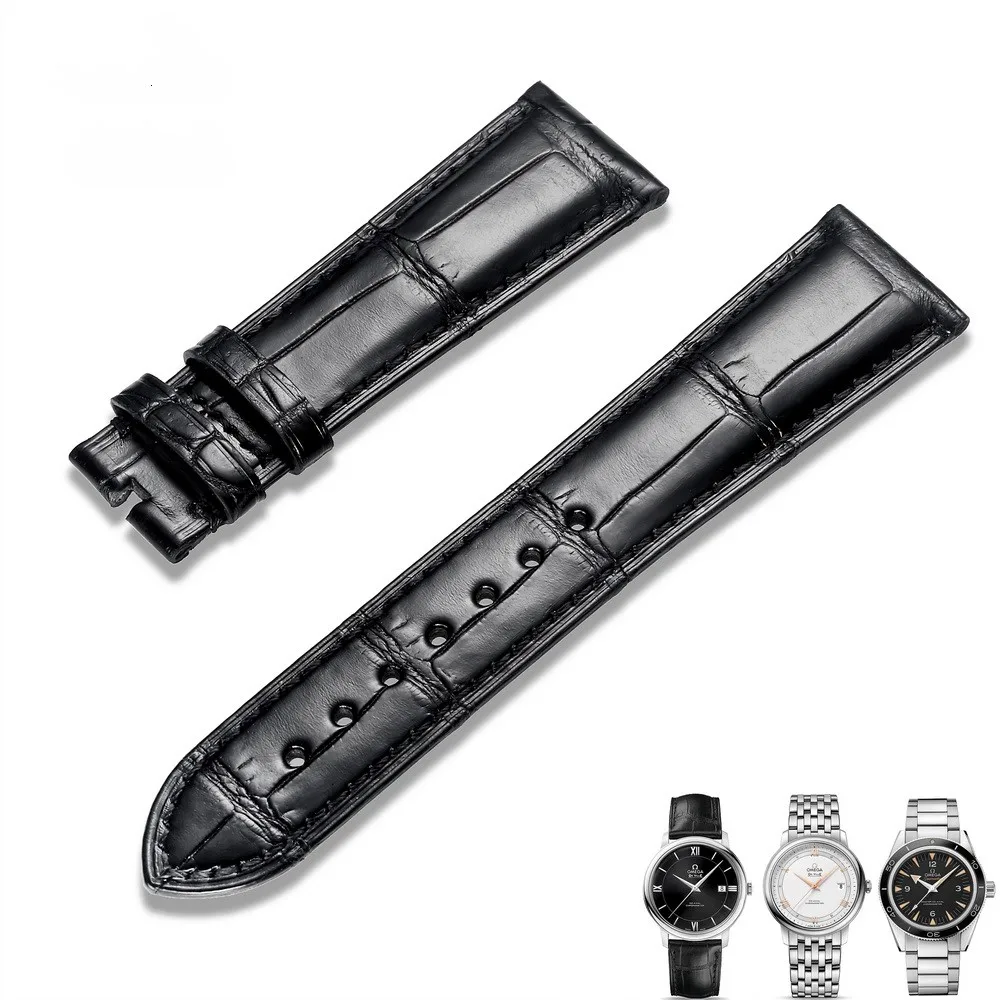 Alligator Grain Watchbands for OMEGA Watch Band Black Crocodile Bracelet Strap Replacement 19mm 20mm 21mm