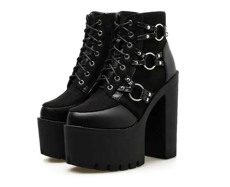 

Spring Fashion Motorcycle Boots Women Platform Heels Casual Shoes Lacing Round Toe Shoes Ladies Autumn Boots Black height 15 cm