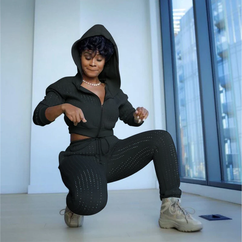 

hirigin Solid Casual Two Piece Sets Women Winter New Long Sleeve Hooded Crop Top and Sportswear Pant Female Tracksuit New