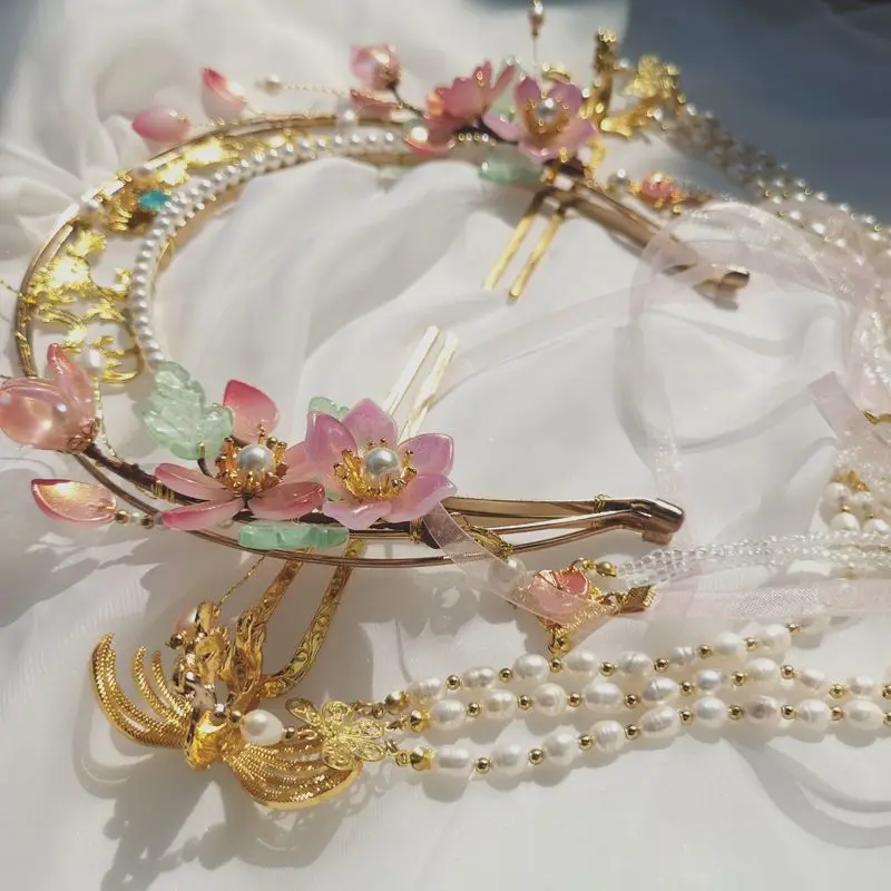 

Ancient style Hanfu halo hair crown KC Girly Cosplay Pearl Tassel Ribbon Kanzashi Hair Hoop Gorgeous Classical Headwear Props