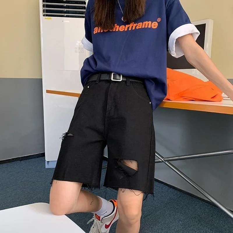 

Jeans Women Summer Knee Length Loose Hole Ripped Minimalist BF Style Cool Streetwear Vintage Harajuku Leisure College Classic