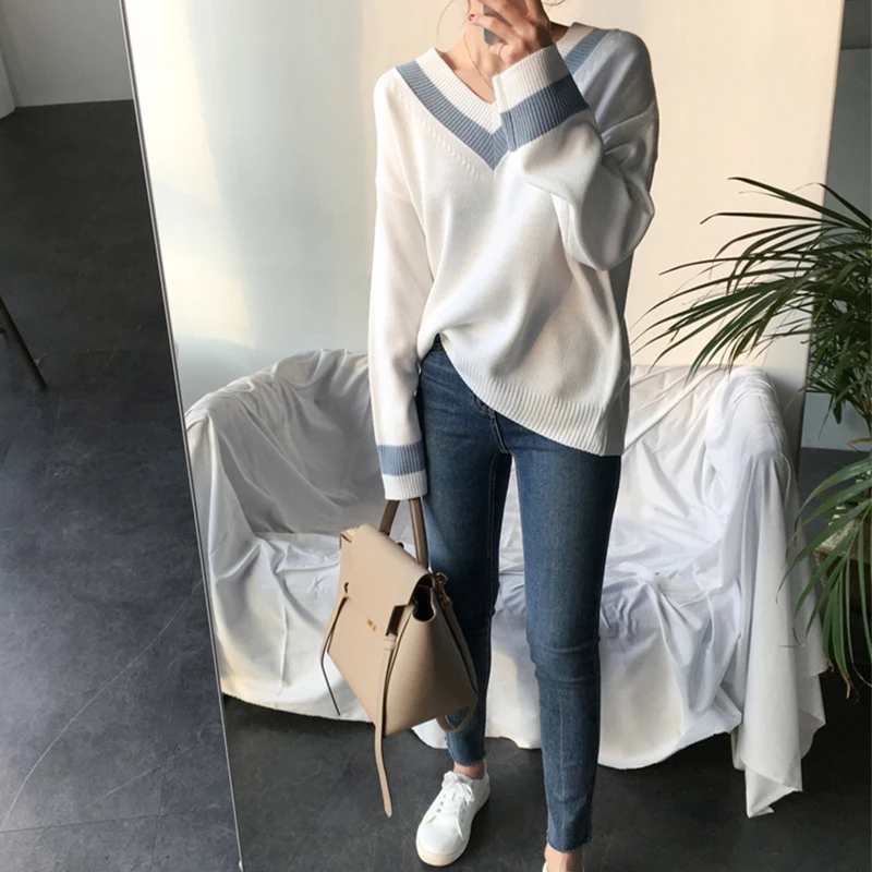 2colors Korean style loose v neck stripe Knitted warm Sweaters Women women sweaters and pullovers (N0048 | Женская одежда