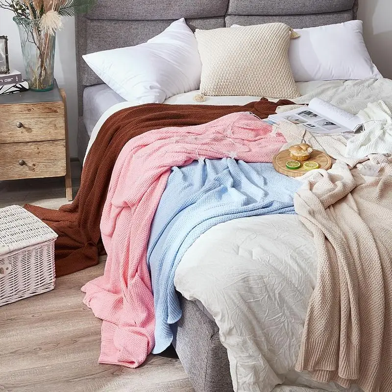 安い 2020ピンクの綿固体ニットワッフル毛布現代のソフトベッドの椅子ソファソファホーム昼寝毛布