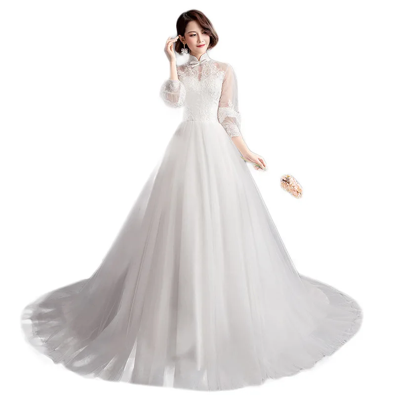 Женское свадебное платье с длинным рукавом белое тонкое воротником стойкой в