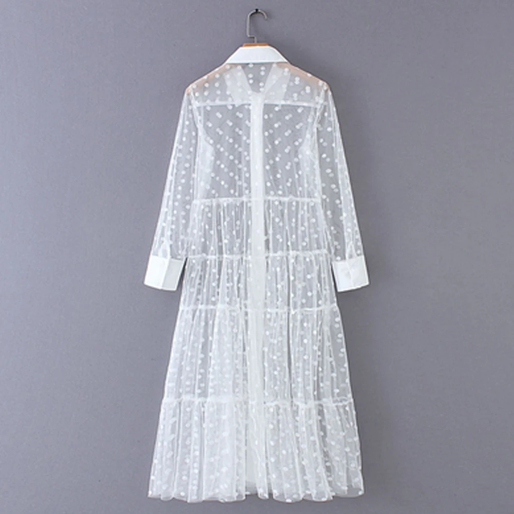 

Women Summer Bohemian Polka Dot Mesh Dress Elegant Long Sleeve Loose Beach Dress