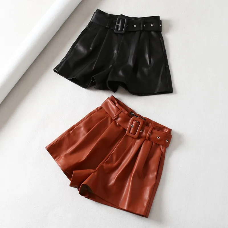 Женские черные 2019 из искусственной кожи с высокой талией поясом широкие шорты