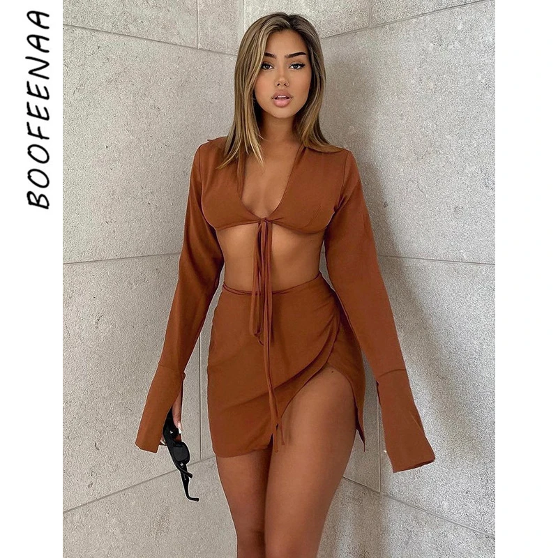 

Сексуальный комплект BOOFEENAA из двух предметов, короткий топ, кардиган, юбка, осенняя одежда для женщин, Клубная одежда, платье с длинным рукав...