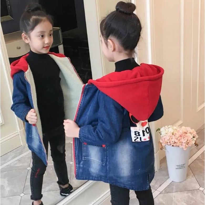 

Children's Denim Jacket for Girls Fashion Coats Kids Clothing Autumn Winter Baby Girls Clothes Outerwear Cartoon Add Wool Coat