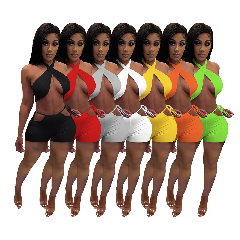

Two Piece Set Women Summer Sweat Suits Halter Crop Top Bandage Hollow Biker Shorts Sexy Night Club Outfits Matching Sets