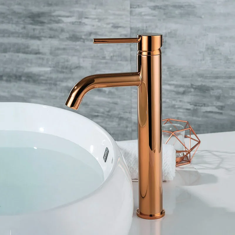 Rose gold high Матовый черный и золотой круглый стильный кран для раковины, латунный кран для ванной комнаты с одним отверстием, смеситель для воды - Цвет: Rose gold high