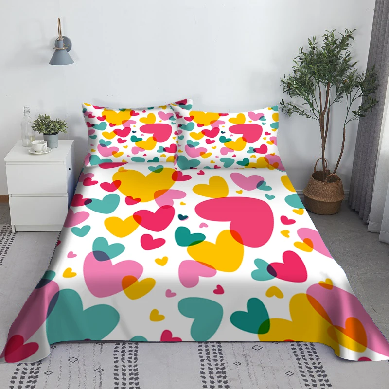 

Heart Bed Sheet Set Digital Printing Gifts For Lovers Polyester Bed Flat Sheet With Pillowcase Bedding Bed Linen
