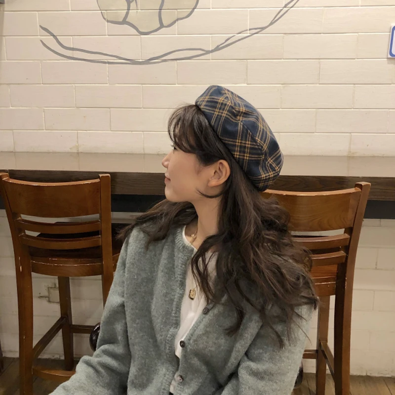 Foux Beret Hat Summer Women Plaid Striped Designer Painter Casquette Octagonal Baker Boy Retro Korean British style New Fashion |