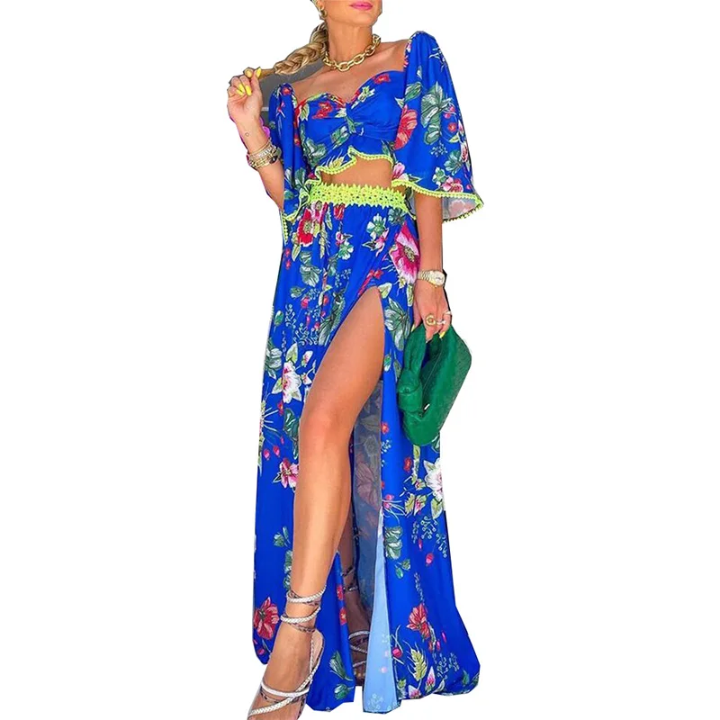 

Two Piece Female 2021 Summer New Fashion Split Sexy Print Hem Slit Lace Party Dress Suit Loose Casual Temperament Long Skirt 5 2