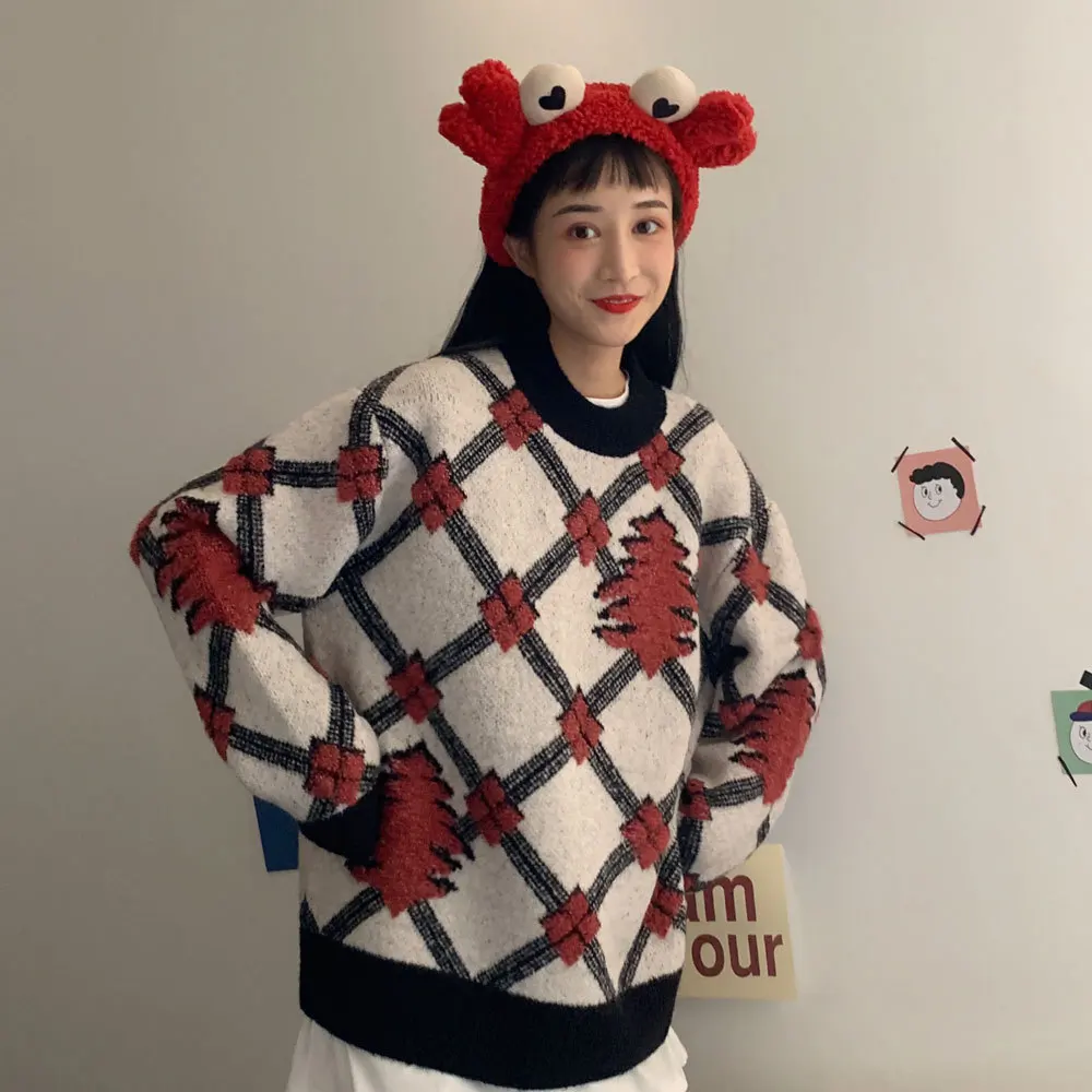 

2020 new Fashion knitted Half turtleneck Christmas tree sweater splice Cube long sleeve Harajuku Korean Warm Heart Slim Fit Hot