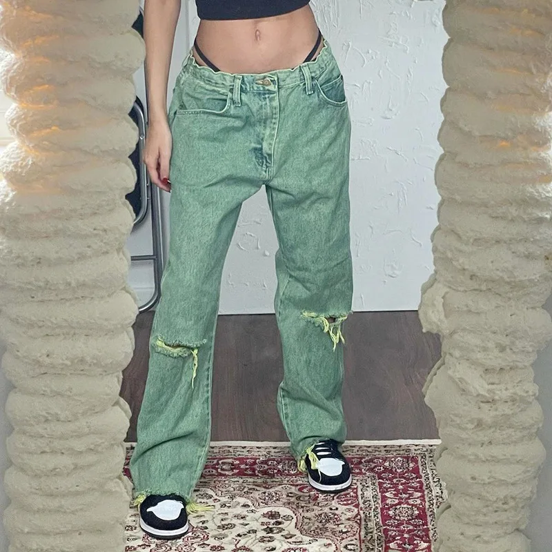 

Hot Girl Style Fashion Washed Straight Ripped Jeans Trousers Women 2021 New Women