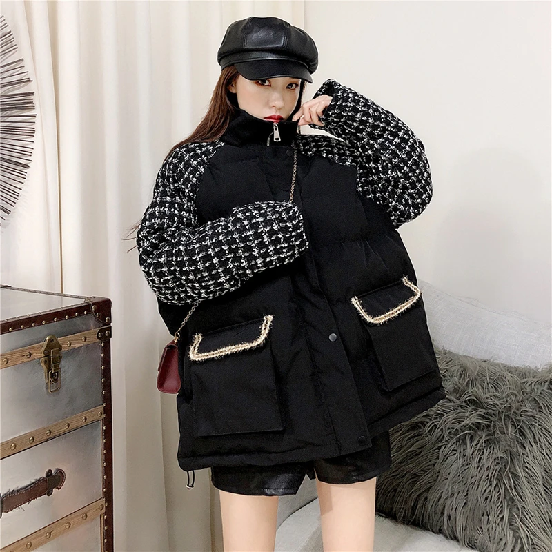 CHICEVER лоскутное клетчатое популярное цветное хлопковое пальто для женщин стоячий