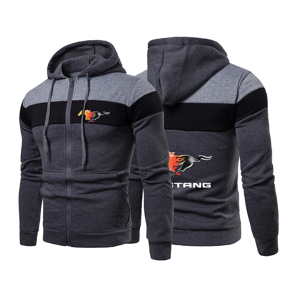 

Новинка 2021, весенне-осенняя теплая толстовка с капюшоном на молнии с принтом машины Mustang, стильные мужские топы, куртки, пальто