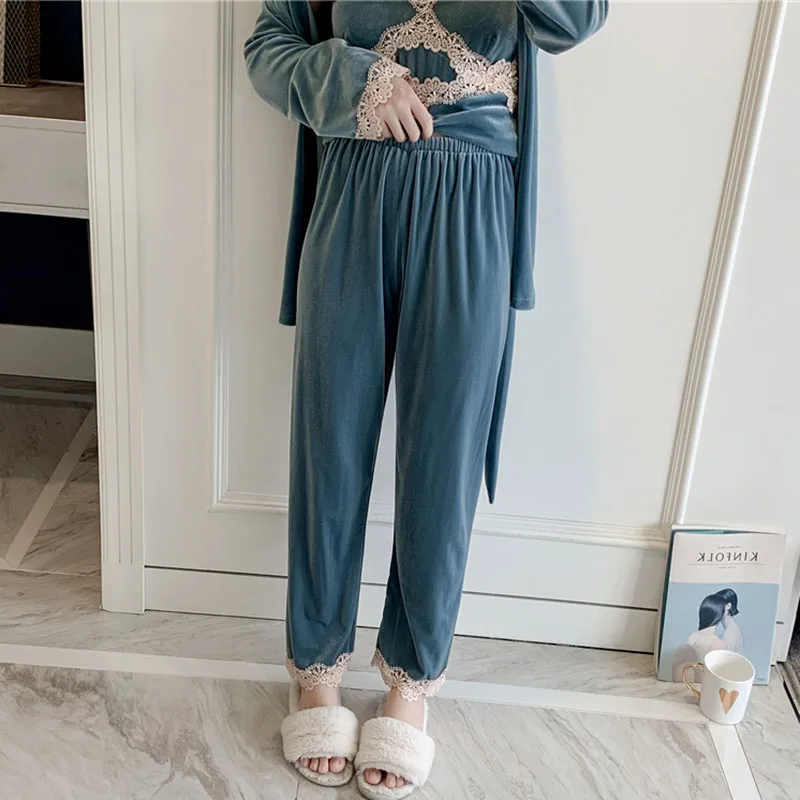 Пижама 3 в 1 Женская зеленая бархатная сексуальная черная ночная рубашка из трех