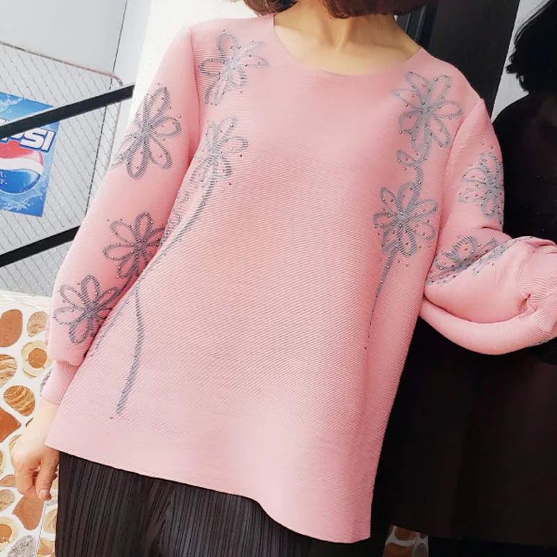 

HOT SELLING Miyake FASHION fold solid lantern sleeve o-neck three quarter Metal sheets T-shirt IN STOCK