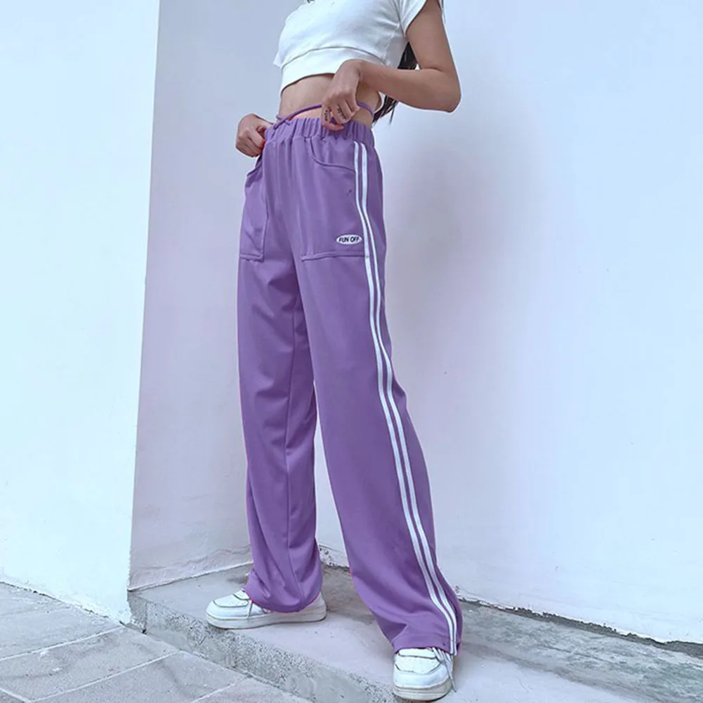 

cotton Casual sports trousers with letter printing tied wide loose trousers webbing stitching pocket straight leg pants women