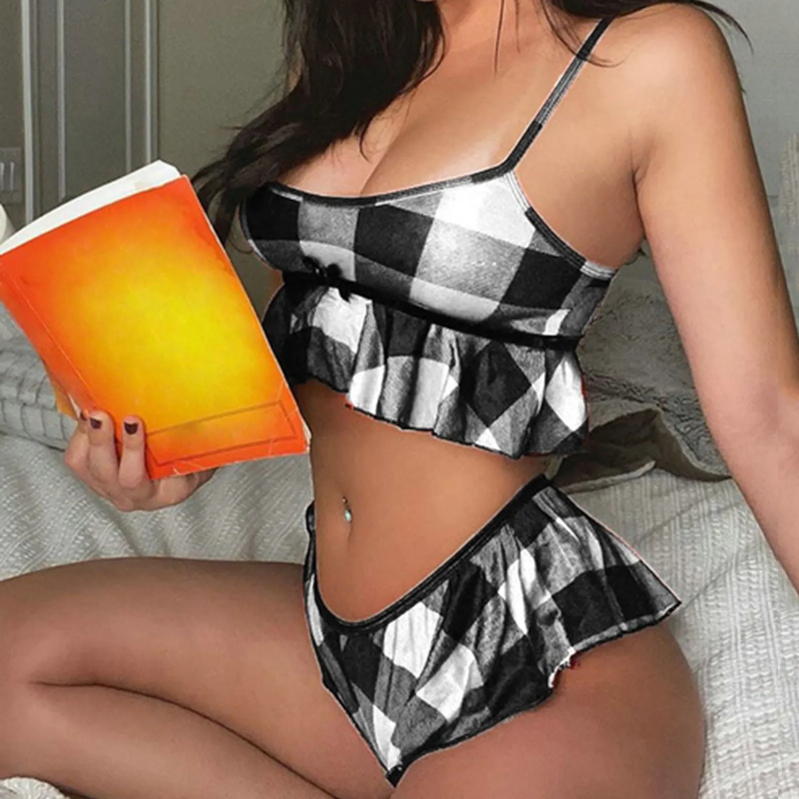 

Women's underwear Print Sleeveless Ruffles Bowknot Design Cami Shorts Lingerie Sleepwear Set sexy lingerie Underwear women set