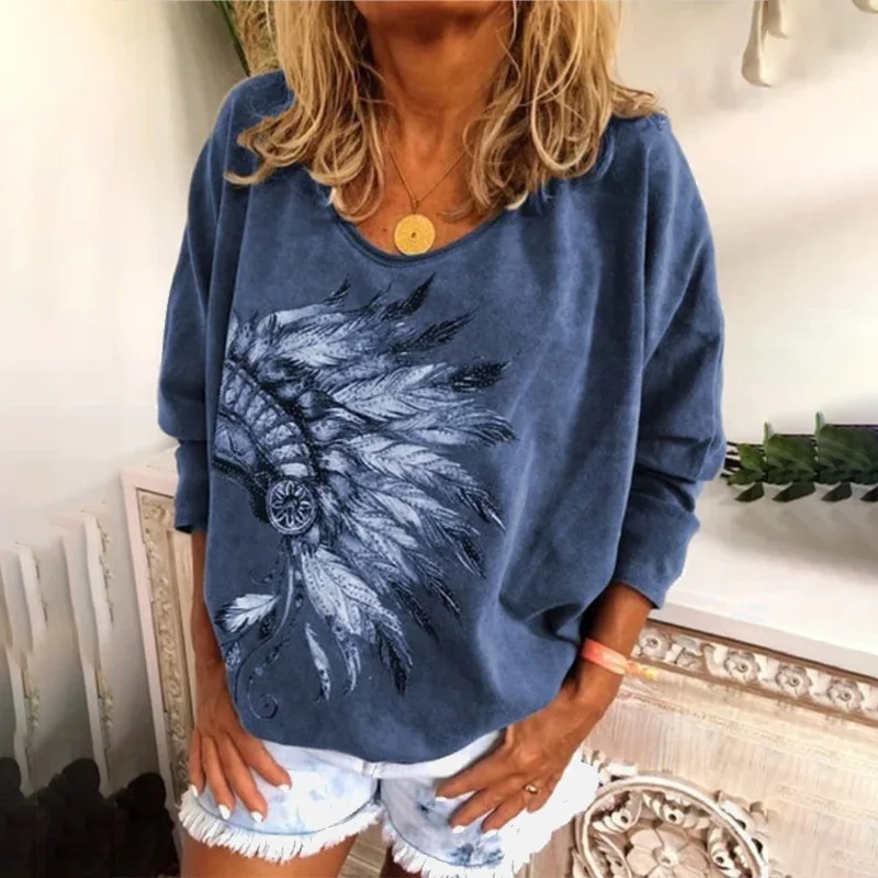 Женская футболка с длинным рукавом летучая мышь принтом перьев свободного