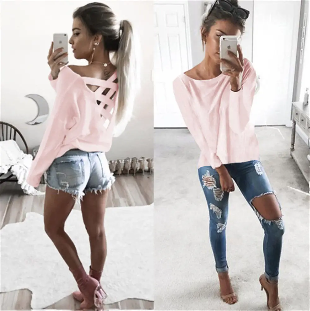 Sexy Hollow Out Women 2020 Spring Summer Back Cross Belt Loose Long Sleeve O Neck Blouse | Женская одежда