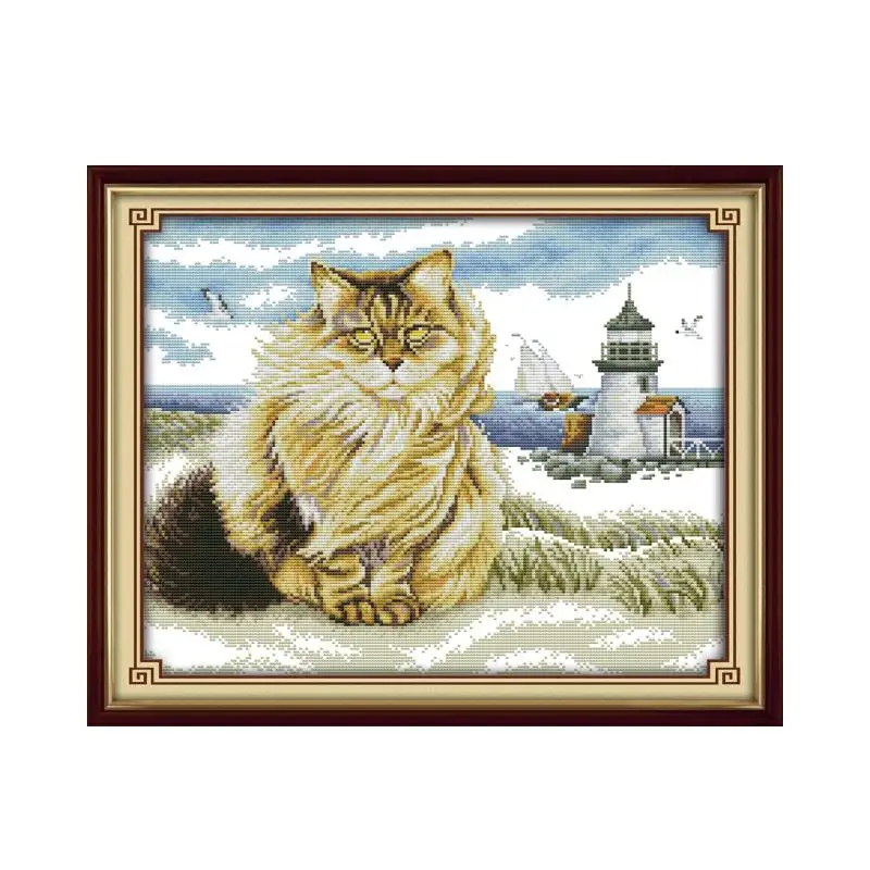 

Fat cats and the lighthous cross stitch kit animal 18ct 14ct 11ct count print canvas stitches embroidery DIY handmade needlework