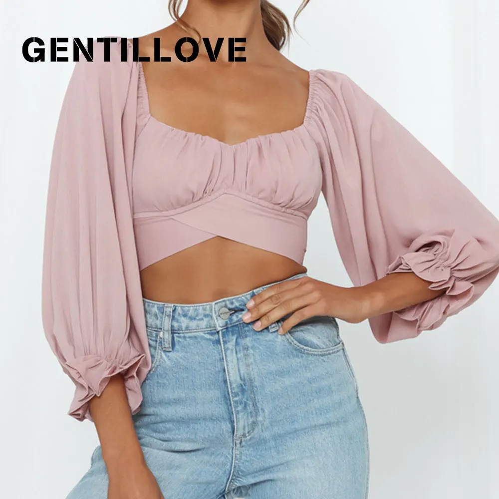 

Женские шифоновые блузки Y2K с открытой спиной, плиссированные бандажные с длинным рукавом-фонариком, сексуальные элегантные летние женские...