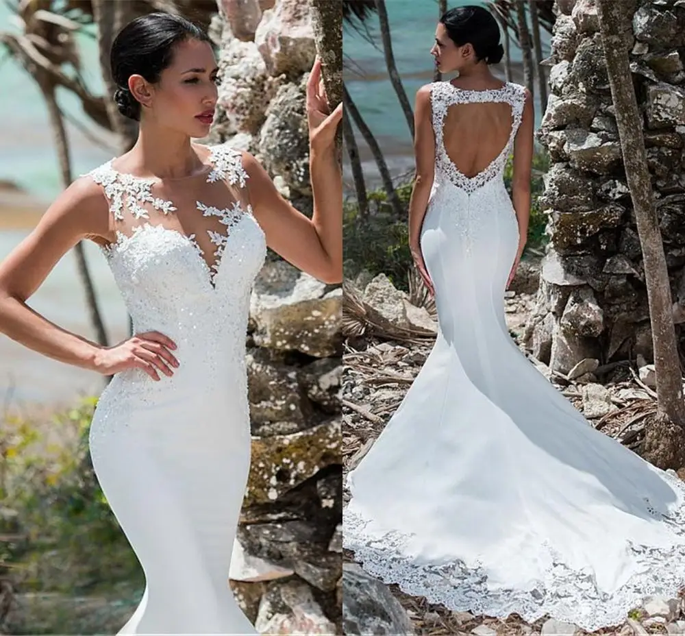 

Sexy Mermaid Wedding Dress Lace Beads Sleeveless Open Back Appliqued Illusion Neck Boho Wedding Gown Long Tail White Ivory 2010