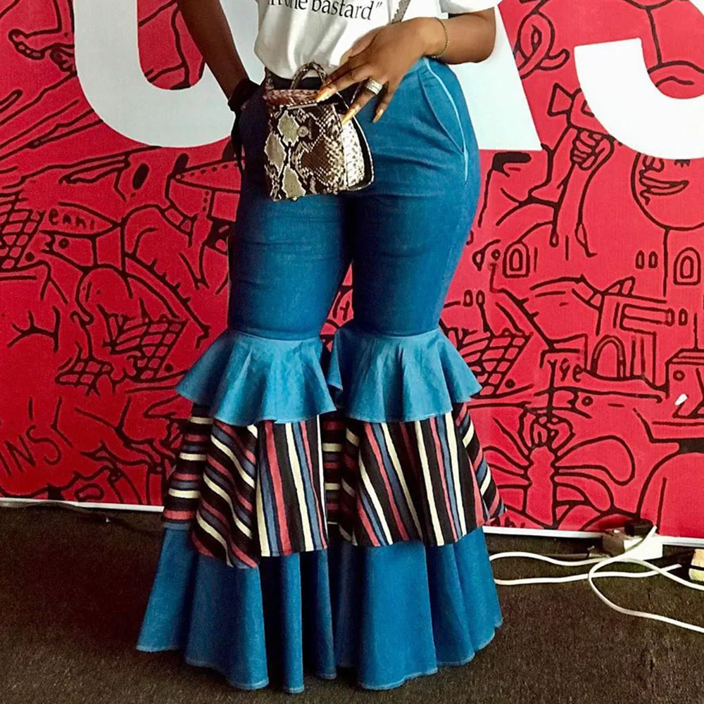 Хиппи уличная Высокая талия Джинсы Расклешенные брюки клеш женские осенние для