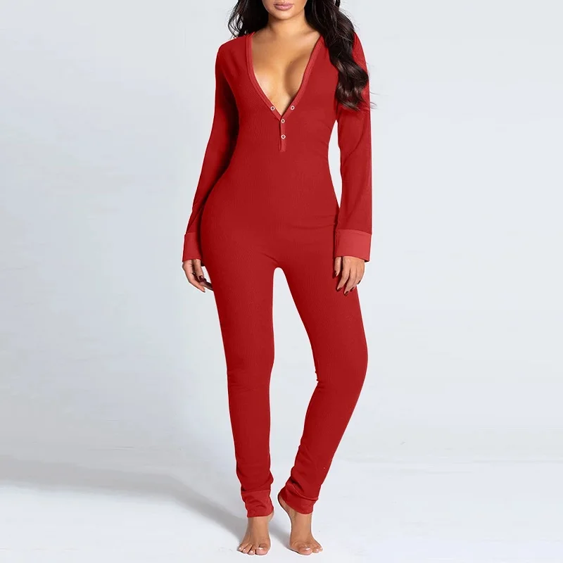 Christmas Print Sexy Pajama Women Jumpsuit Casual Long Sleeve Pyjama Button-down Front Functional Buttoned Flap Female Sleepwear