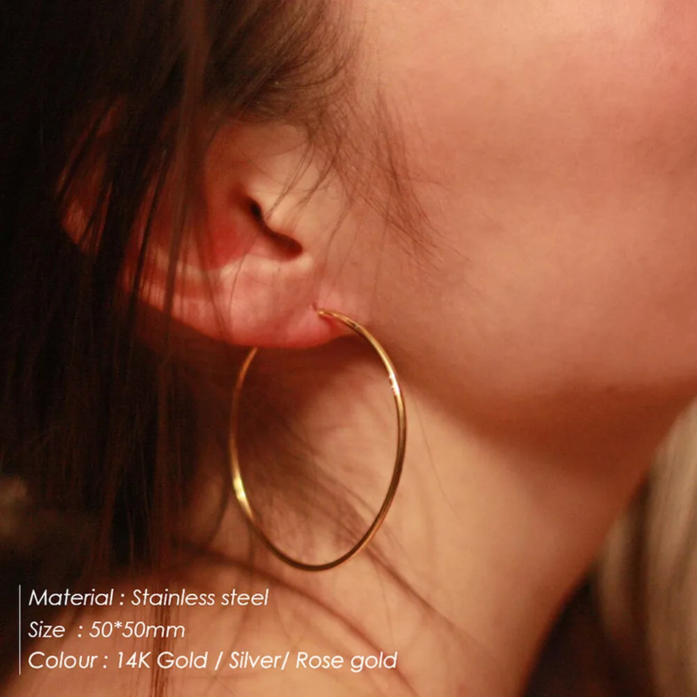 Женские серьги 50 мм Круглый Большой обруч золотые из нержавеющей стали Бохо