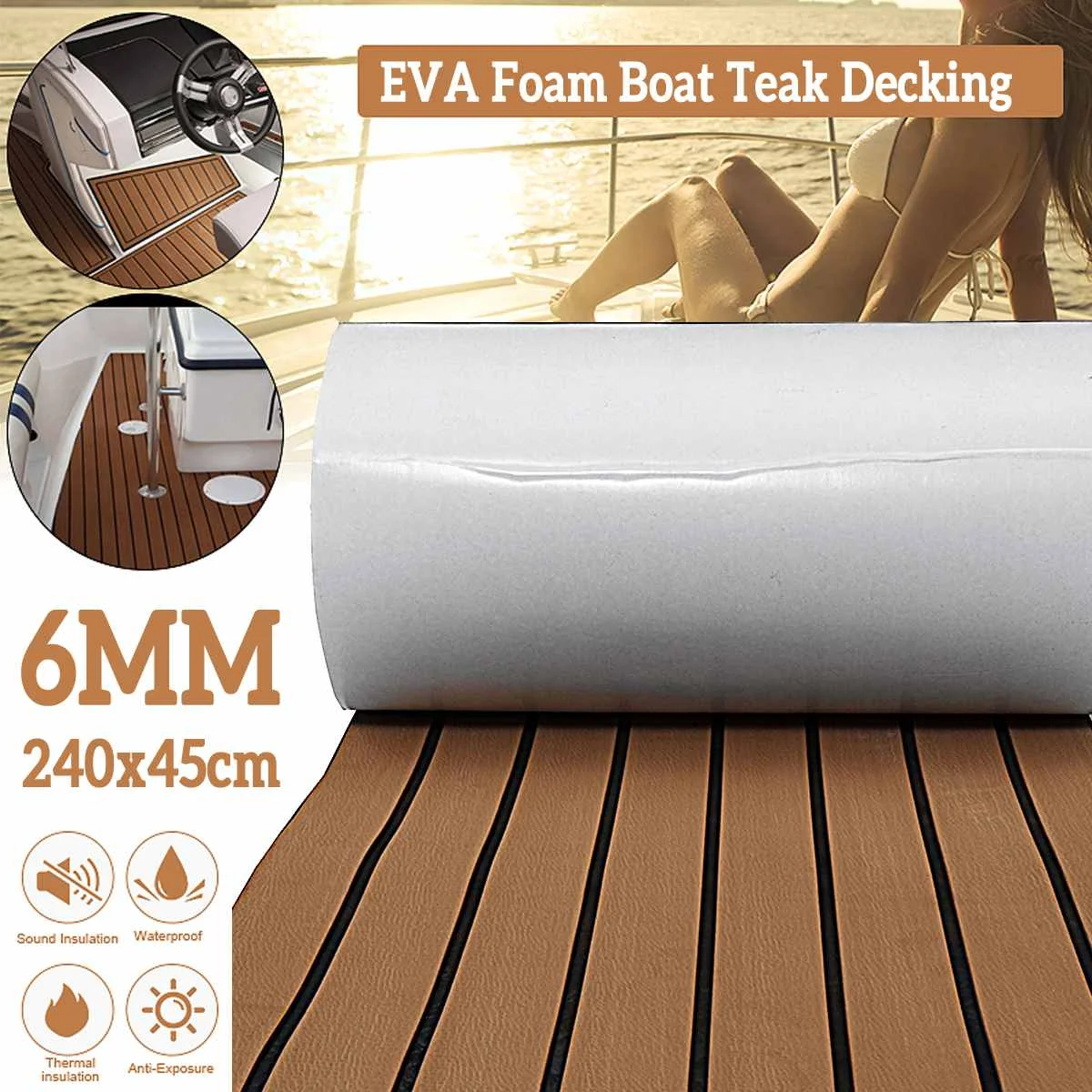 

Self-Adhesive 2400x450x6mm EVA Foam Teak Decking Marine Flooring Faux Boat Decking Sheet Non Skid Yacht Boat Deck Mat Brown/Gray