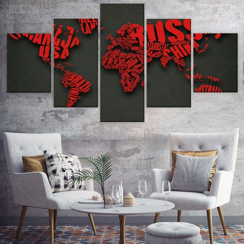 Декоративная живопись 5 шт. HD печатная красная буква карта мира Черная холст