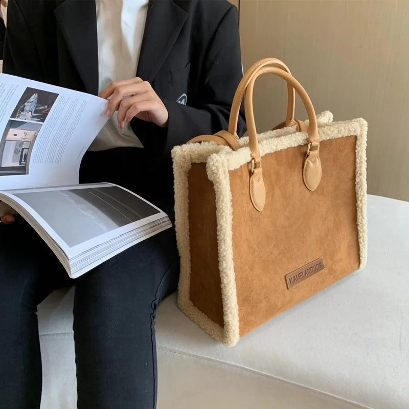 Fashion Faux Suede Lambswool Splice Totes Bags for Women Big Capacity Lamb Wool woman handbag Soft Plush Edge Shoulder Bag |