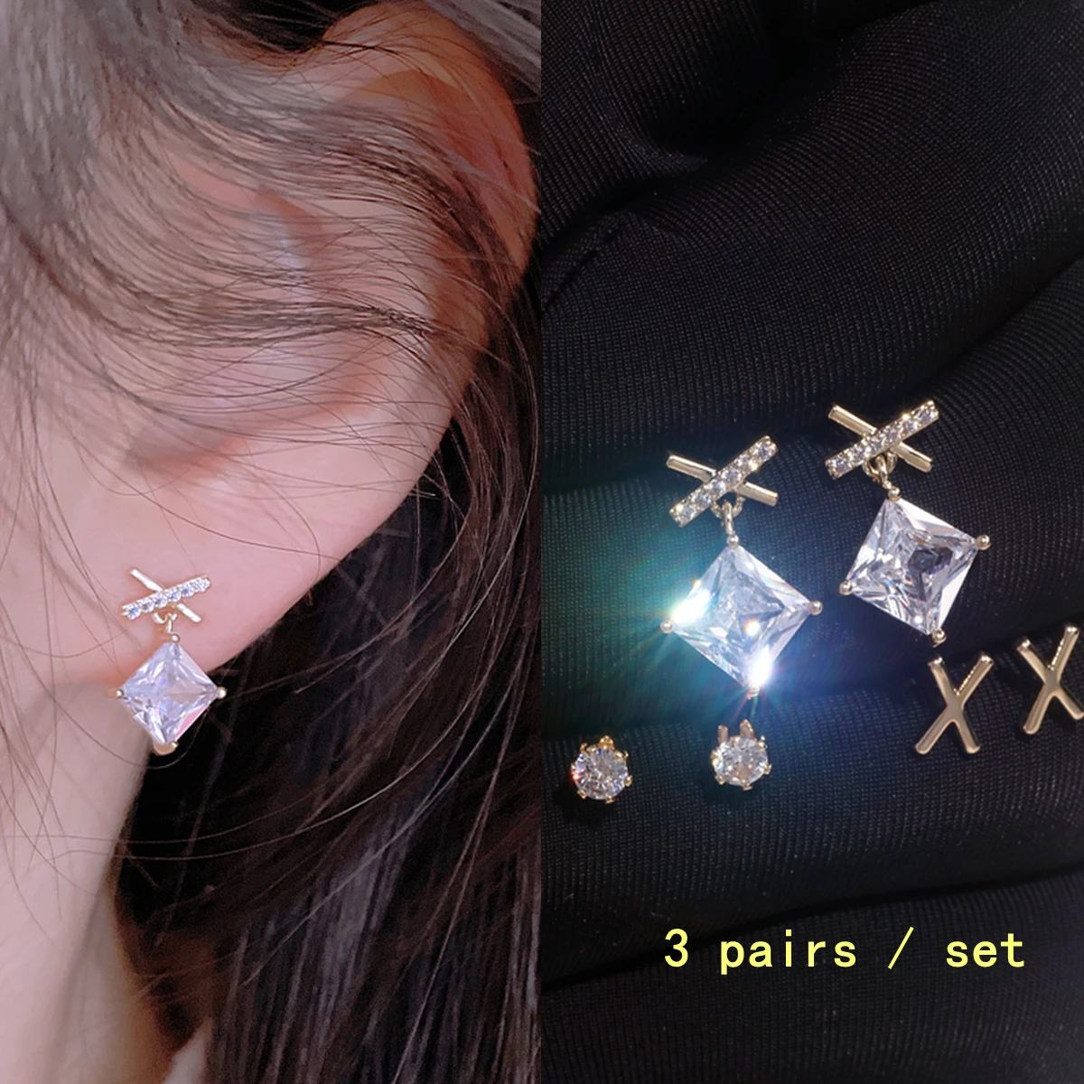 3 пары/компл. новые модные геометрические квадратные серьги с цирконом и камнем