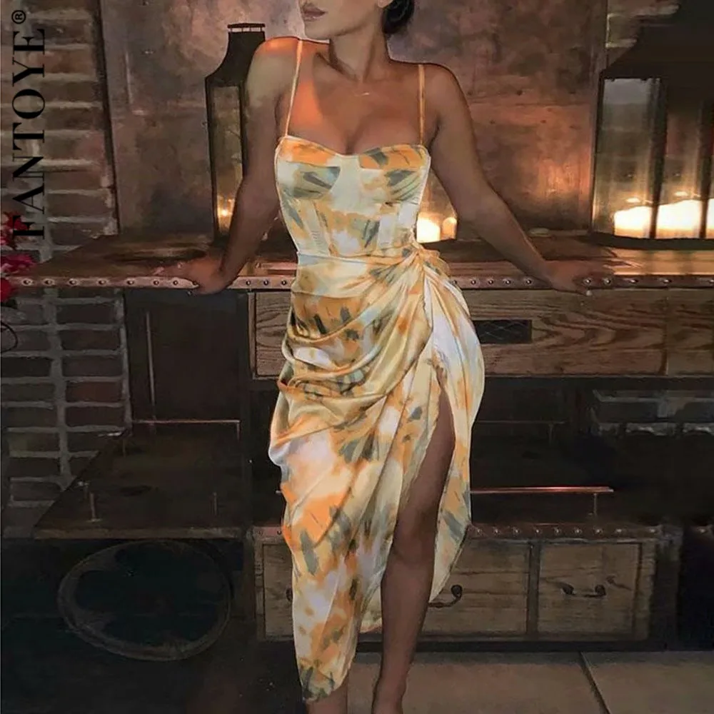 Женское длинное платье на бретельках FANTOYE элегантное богемное с высоким разрезом