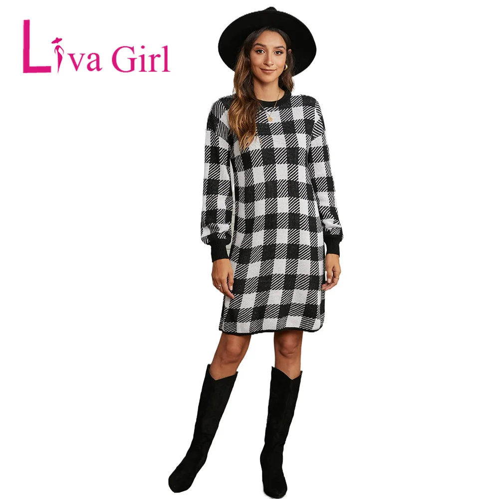 Повседневное платье свитер LIVA в клетку с рукавами воздушными шариками для