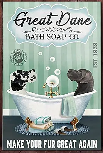 

Bathtub Dog Vintage Metal Tin Sign Great Dane Bathing Let Your Fur Look New Soap Foam Poster Bar Home Bathroom Wall Decoration