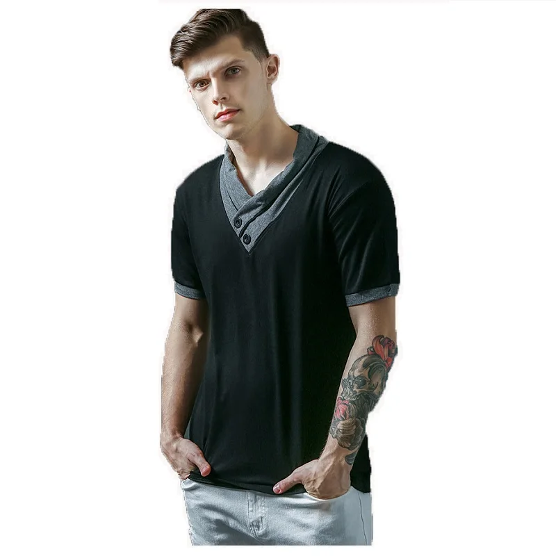 

Men's T Shirt Summer Solid Fashion V-Neck Splicing Short-Sleeve Clothing Mens Casual T-Shirts Slim Fit Male Black Tops Tees